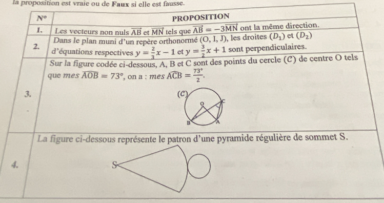 la proposition est vraie ou de Faux si elle est fausse.
N° PROPOSITION 
1. Les vecteurs non nuls vector AB et vector MN tels que vector AB=-3vector MN ont la même direction. 
Dans le plan muni d’un repère orthonormé (O,I,J) , les droites (D_1) et (D_2)
2. d’équations respectives y= 2/3 x-1 et y= 3/2 x+1 sont perpendiculaires. 
Sur la figure codée ci-dessous, A, B et C sont des points du cercle (C) de centre O tels 
que mes widehat AOB=73° , on a : mes widehat ACB= 73°/2 . 
3. 
La figure ci-dessous représente le patron d'une pyramide régulière de sommet S. 
4.