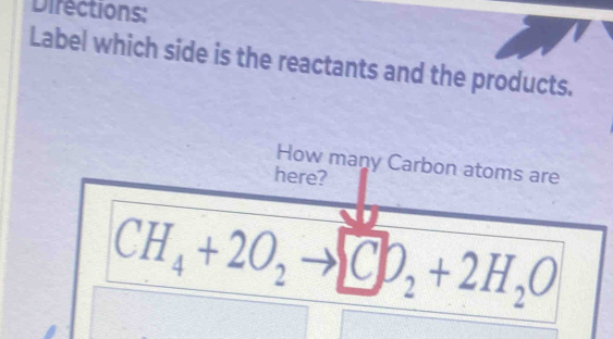 Directions: 
Label which side is the reactants and the products. 
How many Carbon atoms are 
here?
CH_4+2O_2to CD_2+2H_2O