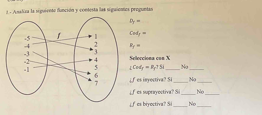 1.- Analiza la siguiente función y contesta las siguientes preguntas
D_f=
Cod_f=
R_f=
Selecciona con X
iCod =R_f ? Sí_ No_ 
¿f es inyectiva? Sí_ No_ 
f es suprayectiva? Sí _No_ 
f es biyectiva? Sí _No_