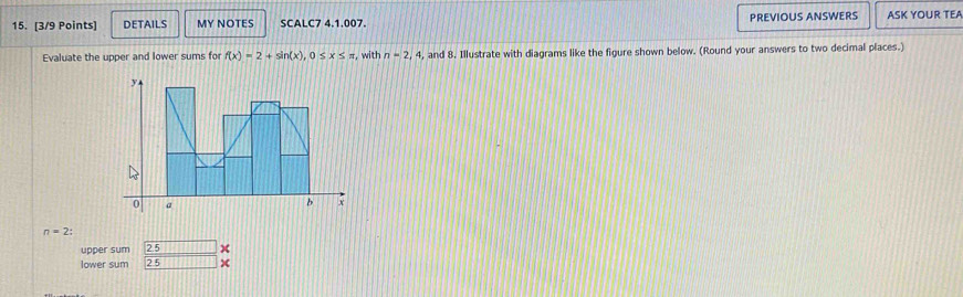 DETAILS MY NOTES SCALC7 4.1.007. PREVIOUS ANSWERS ASK YOUR TEA 
Evaluate the upper and lower sums for f(x)=2+sin (x), 0≤ x≤ π r, with n=2, 4, and 8. Illustrate with diagrams like the figure shown below. (Round your answers to two decimal places.)
n=2 : 
upper sum 2.5 x
lower sum 2 5