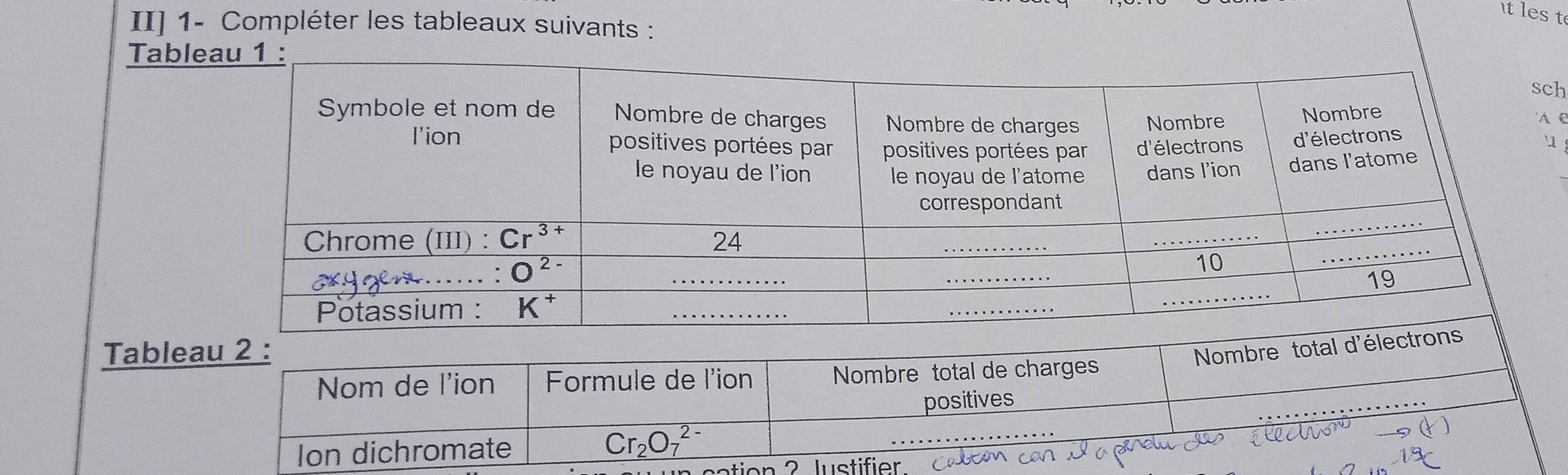 les t
II] 1- Compléter les tableaux suivants :
Tabl
h
C
Tabl
tio