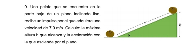 Una pelota que se encuentra en la 
parte baja de un plano inclinado liso, 
recibe un impulso por el que adquiere una 
velocidad de 7.0 m/s. Calcule: la máxima 
altura h que alcanza y la aceleración con 
la que asciende por el plano.