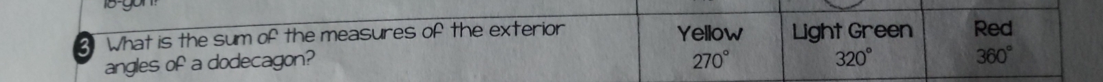 Yellow
3 What is the sum of the measures of the exterior Light Green Red
angles of a dodecagon? 270°
320°
360°