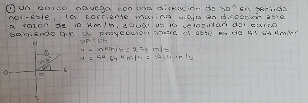 Oun barco navega con una direccion de 30° en sentido
nor-este, (a corriente marina viaja en direccion este
a raion de 10 Km/h, dcuál es 1a velocidad dei barco
sabiendo gue ou proveccion sopre el este es de u4, 6u Km/h?
1A+O6
v=10km/h=2.78m/s
v=44,64km/h=12,4m/s