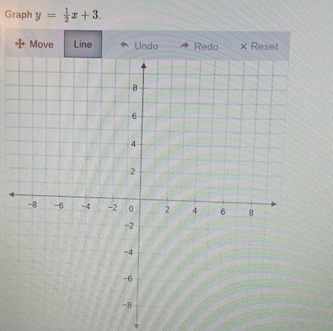 Graph y= 1/2 x+3. 
Move Line Undo Redo × Reset