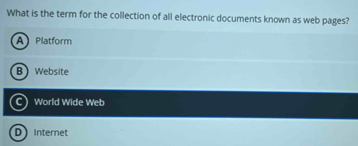 What is the term for the collection of all electronic documents known as web pages?
A Platform
B Website
C World Wide Web
D Internet