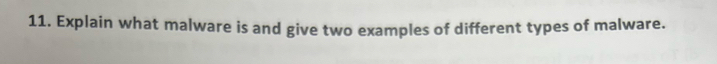 Explain what malware is and give two examples of different types of malware.
