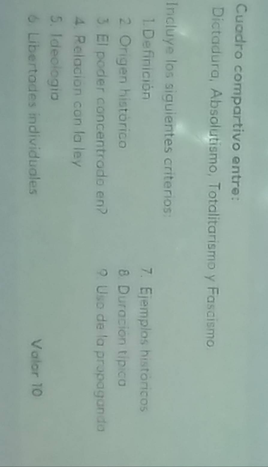 Cuadro compartivo entre: 
Dictadura, Absolutismo, Totalitarismo y Fascismo 
Incluye los siguientes criterios: 
1. Definición 7. Ejemplos históricos 
2. Origen histórico 8. Duración típica 
3. El poder concentrado en? 9. Uso de la propaganda 
4. Relación con la ley 
5. Ideologia 
6. Libertades individuales Valor 10