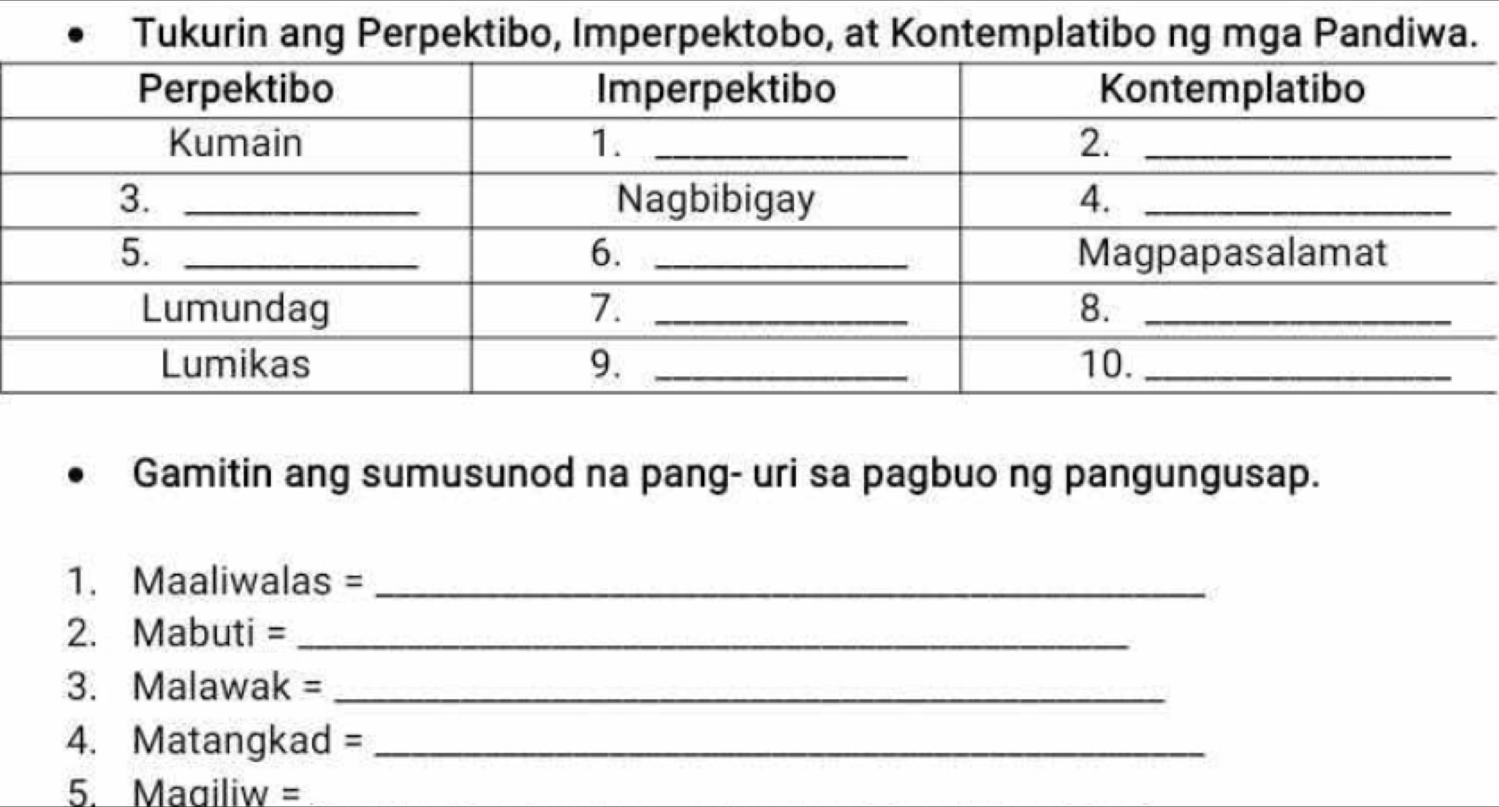 Tukurin ang Perpektibo, Imperpektobo, at Kontemplatibo ng mga Pandiwa. 
Gamitin ang sumusunod na pang- uri sa pagbuo ng pangungusap. 
1. Maaliwalas =_ 
2. Mabuti =_ 
3. Malawak =_ 
4. Matangkad =_ 
5. Magiliw =