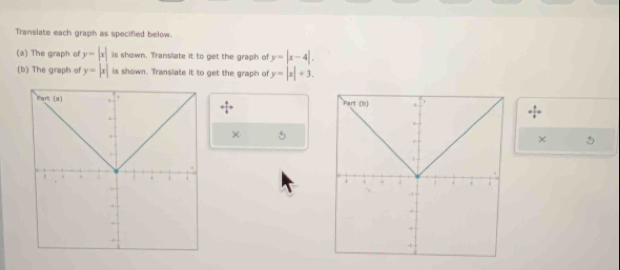 Translate each graph as specified below. 
(a) The graph of y=|x| is shou wn. Translate it to get the graph of y=|x-4|. 
(b) The graph of y=|x| is shown. Translate it to get the graph of y=|x|+3.

χ : 
× 5