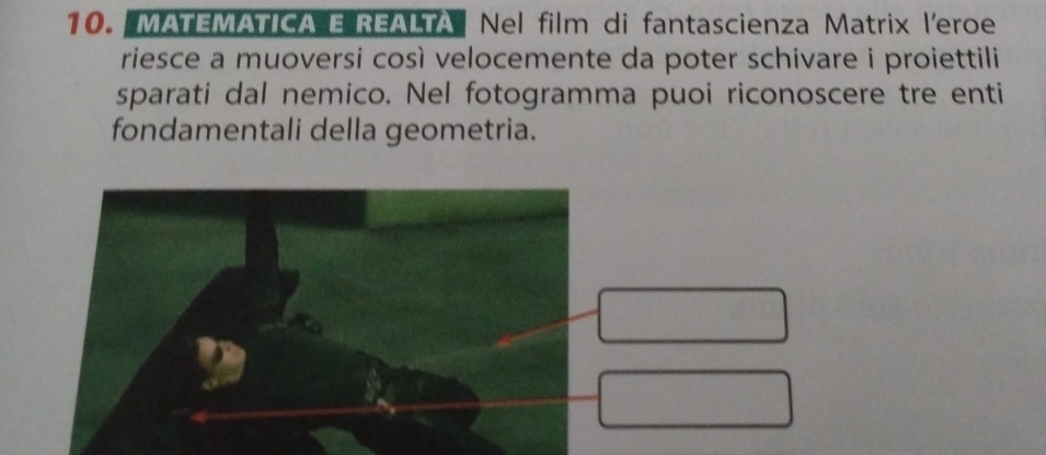 MATEMATICA E REALTA Nel film di fantascienza Matrix l'eroe 
riesce a muoversi così velocemente da poter schivare i proiettili 
sparati dal nemico. Nel fotogramma puoi riconoscere tre enti 
fondamentali della geometria.