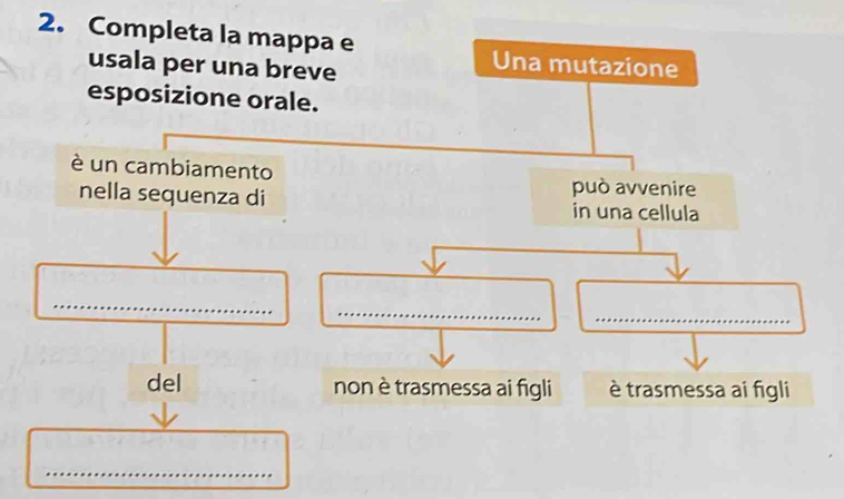 Completa la mappa e
usala per una breve
Una mutazione
esposizione orale.
è un cambiamento
nella sequenza di può avvenire
in una cellula
_
_
_
del non è trasmessa ai figli è trasmessa ai figli
_