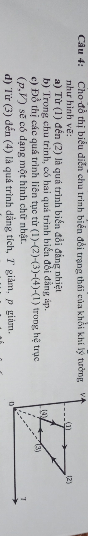 Cho đồ thị biểu diễn chu trình biến đổi trạng thái của khối khí lý tưởng 
như hình vẽ: 
a) Từ (1) đến (2) là quá trình biến đổi đẳng nhiệt 
b) Trong chu trình, có hai quá trình biến đổi đẳng áp. 
c) Đồ thị các quá trình liên tục từ (1) -(2)-(3)-(4)-(1) trong hệ trục
(p,V) sẽ có dạng một hình chữ nhật. 
d) Từ (3) đến (4) là quá trình đẳng tích, T giảm, p giảm.
