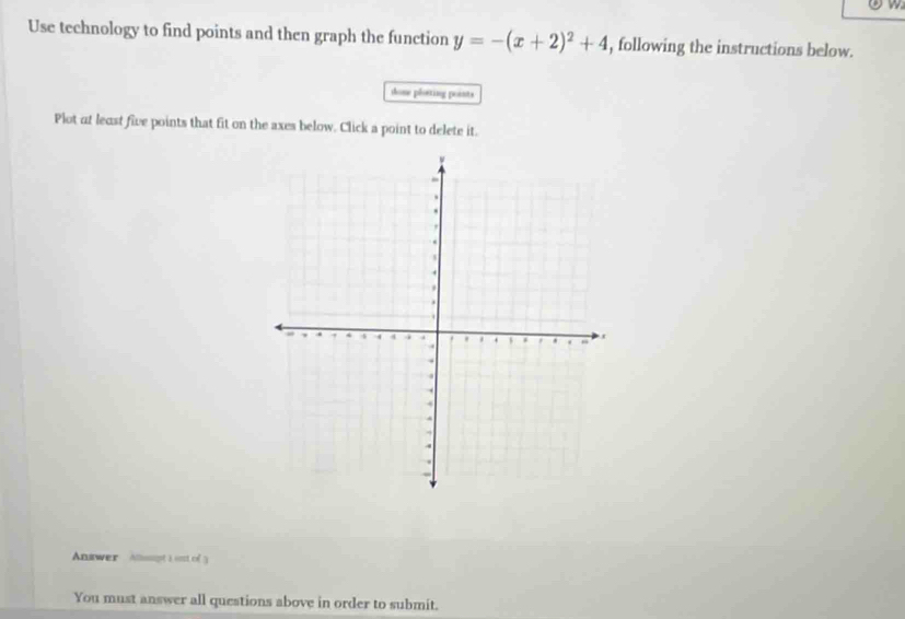 Use technology to find points and then graph the function y=-(x+2)^2+4 , following the instructions below. 
done plosting peants 
Plot at least five points that fit on the axes below. Click a point to delete it. 
Answer Alloupt i snt of 3
You must answer all questions above in order to submit.