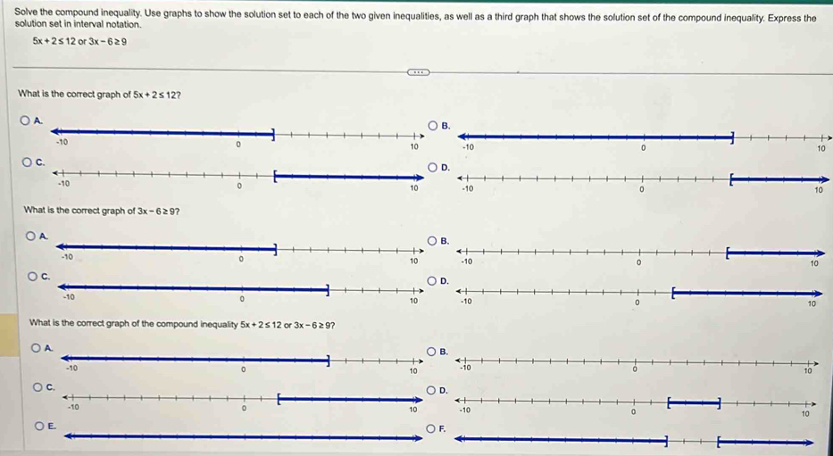 Solve the compound inequality. Use graphs to show the solution set to each of the two given inequalities, as well as a third graph that shows the solution set of the compound inequality. Express the 
solution set in interval notation.
5x+2≤ 12 or 3x-6≥ 9
What is the correct graph of 5x+2≤ 12 a 


What is the correct graph of 3x-6≥ 9

What is the correct graph of the compound inequality 5x+2≤ 12 3x-6≥ 9 ? 

E.