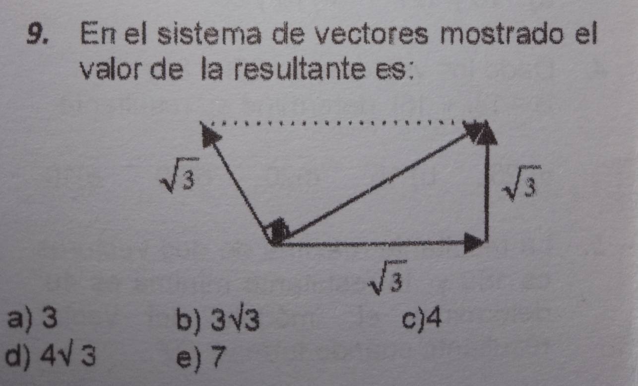 En el sistema de vectores mostrado el
valor de la resultante es:
a) 3 b) 3sqrt(3) c)4
d) 4sqrt(3) e) 7