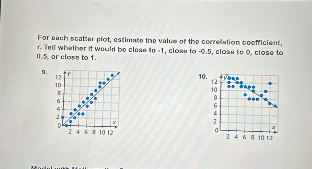 For each scatter plot, estimate the value of the correlation coefficient, 
r. Tell whether it would be close to -1, close to -0.5, close to 0, close to
0.5, or close to 1. 
9. 
10