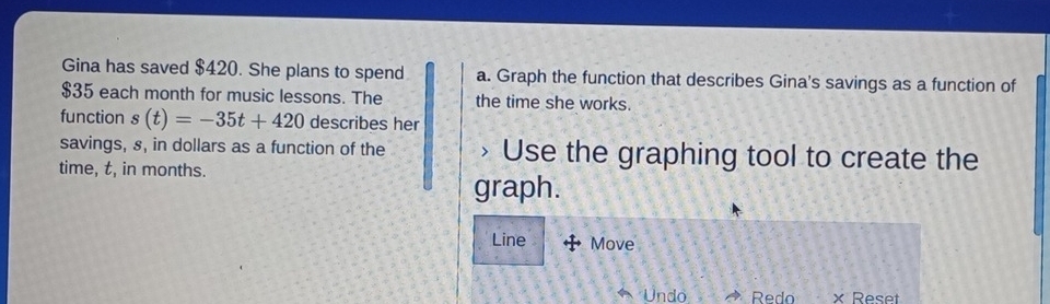 Gina has saved $420. She plans to spend a. Graph the function that describes Gina's savings as a function of
$35 each month for music lessons. The the time she works. 
function s(t)=-35t+420 describes her 
savings, s, in dollars as a function of the > Use the graphing tool to create the 
time, t, in months. 
graph. 
Line Move 
Undo Redo × Reset