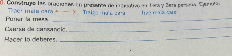 Construyo las oraciones en presente de indicativo en 1era y 3era persona. Ejemplo: 
Traer mala cara Traigo mala cara Trae mala cara 
Poner la mesa. 
_ 
_ 
Caerse de cansancio._ 
_ 
Hacer Io deberes._ 
_