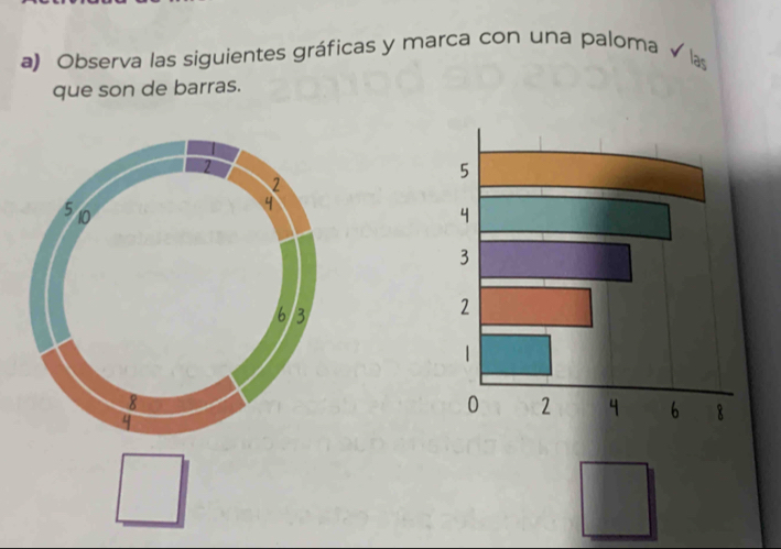 Observa las siguientes gráficas y marca con una paloma √las 
que son de barras.
2
2
4
5 10
6 3