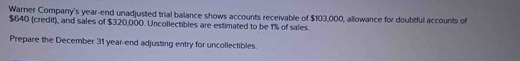 Warner Company's year-end unadjusted trial balance shows accounts receivable of $103,000, allowance for doubtful accounts of
$640 (credit), and sales of $320,000. Uncollectibles are estimated to be 1% of sales. 
Prepare the December 31 year-end adjusting entry for uncollectibles.