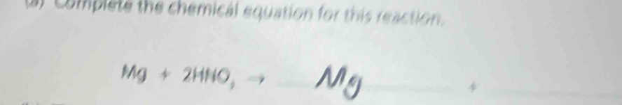 Complete the chemical equation for this reaction.
Mg+2HNO, to □  __^ 
_4