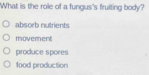 What is the role of a fungus's fruiting body?
absorb nutrients
movement
produce spores
food production