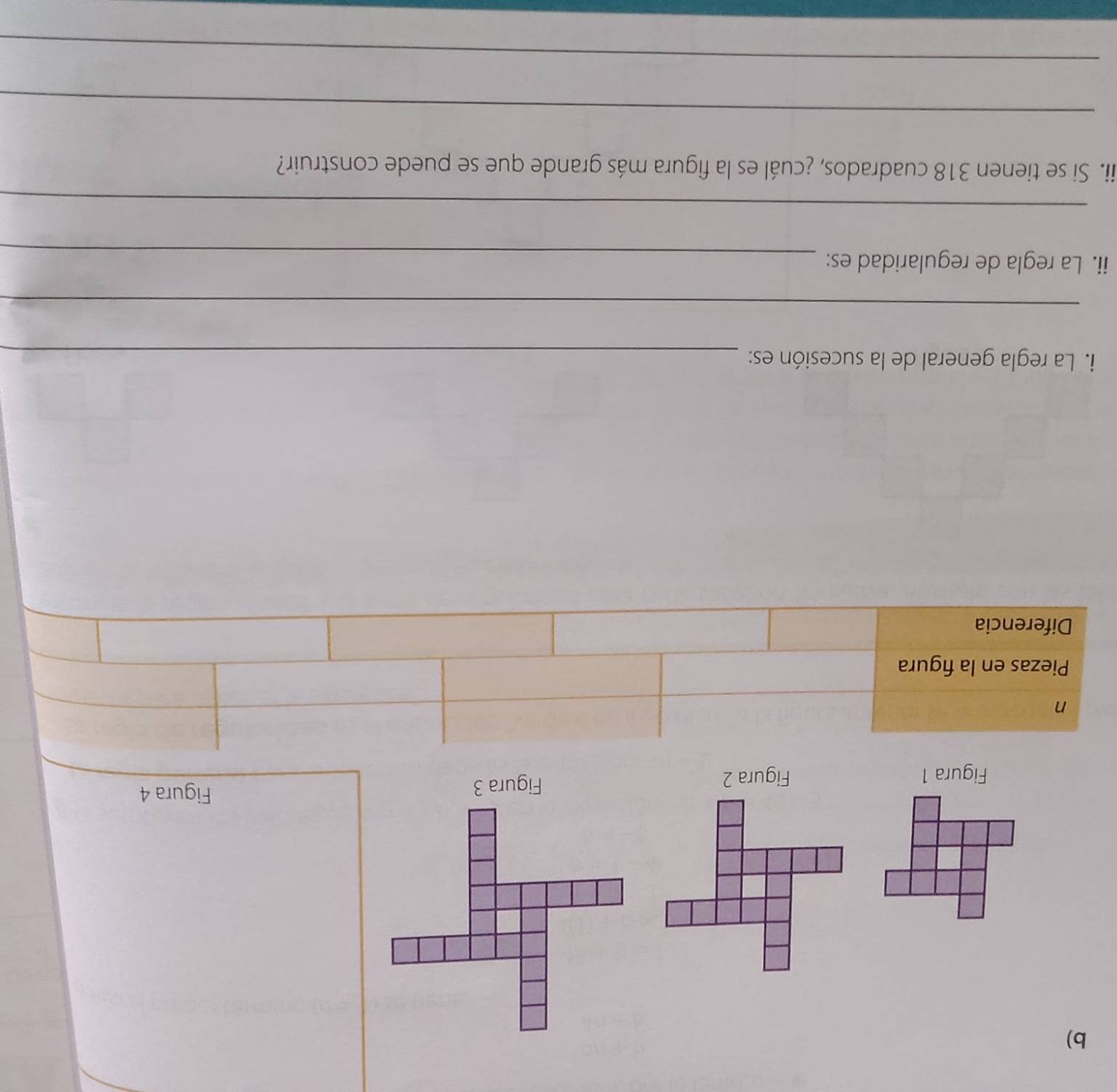 Figura 1 Figura 2 
Figura 4 
n 
Piezas en la figura 
Diferencia 
i. La regla general de la sucesión es:_ 
_ 
ii. La regla de regularidad es:_ 
_ 
ii. Si se tienen 318 cuadrados, ¿cuál es la figura más grande que se puede construir? 
_ 
_