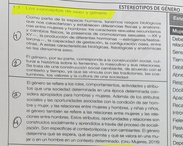 ESTEREOTIPOS DE GÉNERO
1.1 Los conceptos de sexo y género Este
Como parte de la especie humana, tenemos rasgos biológicos
que nos caracterizan y establecen diferencias físicas y anatómi-
cas entre mujeres y hombres: los caracteres sexuales secundarios Muje
y cambios físicos, la presencia de cromosomas sexuales —XX y Debe
XY- la producción de diferentes hormonas —estrógenos/testos-
terona—, la capacidad de gestación, la configuración ósea, entre relaci
otras. A estas características biológicas, fisiológicas y anatómicas
se les denomina sexo. Sens
El género, por su parte, corresponde a la construcción social, cul- Tiern
tural e histórica sobre lo femenino, lo masculino y sus relaciones. Débil
Se trata de una construcción social cambiante, de acuerdo con el
contexto y tiempo, ya que se vincula con las tradiciones, las cos- Abne
tumbres, los valores y la cultura de una sociedad:
Resp
El género se refiere a los roles, comportamientos, actividades y atribu- Dócil
tos que una sociedad determinada en una época determinada con-
sidera apropiados para hombres y mujeres. Además de los atributos Apac
sociales y las oportunidades asociadas con la condición de ser hom-
bre y mujer, y las relaciones entre mujeres y hombres, y niñas y niños, Reca
el género también se refiere a las relaciones entre mujeres y las rela- Intro
ciones entre hombres. Estos atributos, oportunidades y relaciones son Fieles
construidos socialmente y aprendidos a través del proceso de sociali-
zación. Son específicas al contexto/época y son cambiantes. El género Pasiv
determina qué se espera, qué se permite y qué se valora en una mu- Resp
jer o en un hombre en un contexto determinado. (ONU Mujeres, 2016) Depe