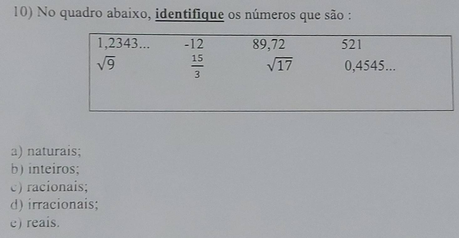 No quadro abaixo, identifique os números que são :
a) naturais;
b) inteiros;
c) racionais;
d) irracionais;
e) reais.