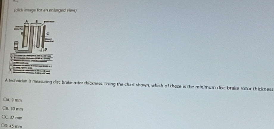 (click image for an enlarged view)
A technician is measuring disc brake rotor thickness. Using the chart shown, which of these is the minimum disc brake rotor thickness
A 9mm
B. 30 mm
C. 37 mm
0 45 mm