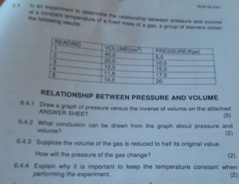 « In an explenment to determine the relationship between pressure and volume
al a constant temperature of a fixed mass of a gas, a group of learners obtain
she following results.
RELATIONSHIP BETWEEN PRESSURE AND VOLUME
6.4.1 Draw a graph of pressure versus the inverse of volume on the attached
ANSWER SHEET.
(5)
6.4.2 What conclusion can be drawn from the graph about pressure and
volume ? (2)
6.4.3 Suppose the volume of the gas is reduced to half its original value.
How will the pressure of the gas change? (2)
6.4.4 Explain why it is important to keep the temperature constant when
performing the experiment. (2)