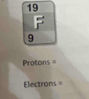 19
F
9
Protons =
Electrons =