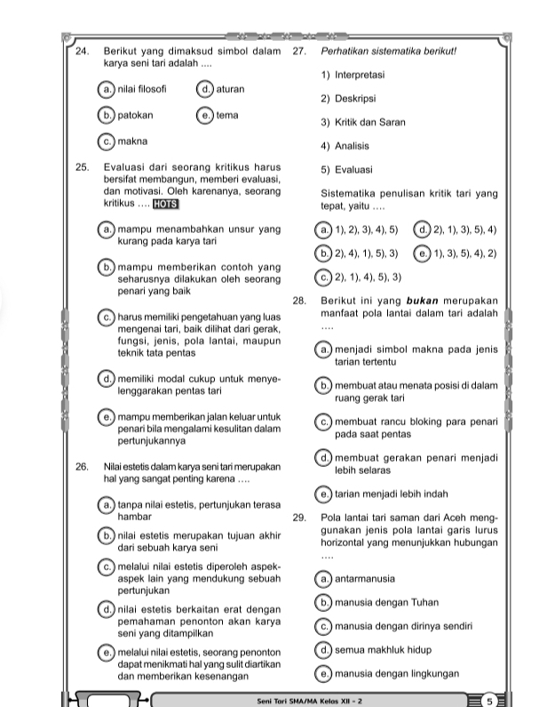 Berikut yang dimaksud simbol dalam 27. Perhatikan sistematika berikut!
karya seni tari adalah ....
1) Interpretasi
a. ) nilai filosofi d. ) aturan
2) Deskripsi
b. )patokan e, ) tema 3) Kritik dan Saran
c. ) makna 4) Analisis
25. Evaluasi dari seorang kritikus harus 5) Evaluasi
bersifat membangun, memberi evaluasi,
dan motivasi. Oleh karenanya, seorang Sistematika penulisan kritik tari yang
kritikus .... HOTS tepat, yaitu ....
a. ) mampu menambahkan unsur yang a.)1), 2), 3), 4), 5) d.  2), 1),3), 5), 4)
kurang pada karya tari
b.) 2), 4), 1), 5), 3) ( e. ) 1), 3), 5), 4), 2)
b. mampu memberikan contoh yang
seharusnya dilakukan oleh seoran c. ) 2),1), 4), 5), 3)
penari yang baik
28. Berikut ini yang bukan merupakan
c. ) harus memiliki pengetahuan yang luas manfaat pola lantai dalam tari adalah
mengenai tari, baik dilihat dari gerak, _..
fungsi, jenis, pola lantai, maupun a. menjadi simbol makna pada jenis
teknik tata pentas tarian tertentu
d.) memiliki modal cukup untuk menye- b.) membuat atau menata posisi di dalam
lenggarakan pentas tari ruang gerak tari
e. ) mampu memberikan jalan keluar untuk c.)membuat rancu bloking para penari
penari bila mengalami kesulitan dalam
pertunjukannya pada saat pentas
d.) membuat gerakan penari menjadi
26. Nilai estetis dalam karya seni tari merupakan lebih selaras
hal yang sangat penting karena ....
e.) tarian menjadi lebih indah
a.) tanpa nilai estetis, pertunjukan terasa
hambar 29. Pola lantai tari saman dari Aceh meng-
b. ) nilai estetis merupakan tujuan akhir gunakan jenis pola lantai garis lurus
dari sebuah karya seni horizontal yang menunjukkan hubungan
..
c. )  melalui nilai estetis diperoleh aspek-
aspek lain yang mendukung sebuah
pertunjukan a.) antarmanusia
d. nilai estetis berkaitan erat dengan b.) manusia dengan Tuhan
pemahaman penonton akan karya
seni yang ditampilkan c.) manusia dengan dirinya sendiri
e.) melalui nilai estetis, seorang penonton d.) semua makhluk hidup
dapat menikmati hal yang sulit diartikan
dan memberikan kesenangan e.) manusia dengan lingkungan
Seni Tari SMA/MA Kelas XII - 2 5