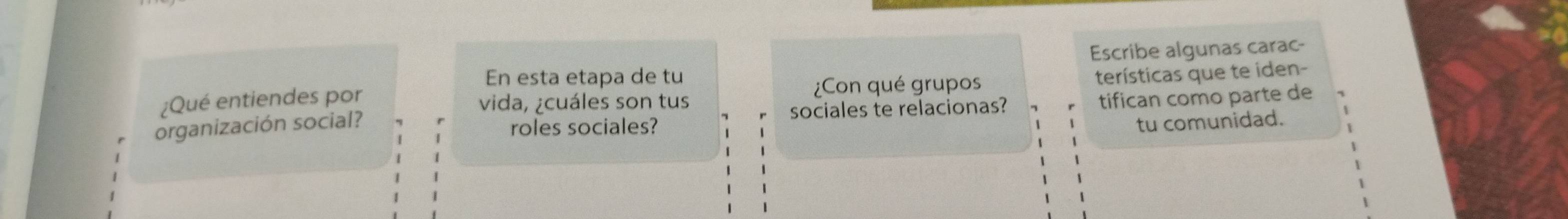 Escribe algunas carac- 
En esta etapa de tu 
¿Qué entiendes por vida, ¿cuáles son tus ¿Con qué grupos terísticas que te iden- 
organización social? sociales te relacionas? tifican como parte de 
roles sociales? 
tu comunidad.