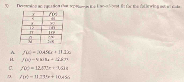 Determine an equation that represents the line-of-best fit for the following set of data:
A. f(x)=10.456x+11.235
B. f(x)=9.638x+12.873
C. f(x)=12.873x+9.638
D. f(x)=11.235x+10.456