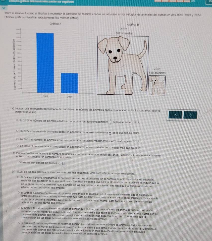 Cámo lois gráficos bidimansionaias paedan sue angotioncs
Tanto el Gráfico A como el Gráfico B muestran la cantidad de animales dados en adopción en los refugios de animales del estado en dos años: 2019 y 2024.
(Ambos gráficos muestran exactamente los mismos datos).
(a) Indicar una estimación aproximada del cambio en el número de animales dados en adopción entre los dos años. (Dar la
mejor respuesta)
。
En 2024 el número de animales dados en adopción fue aproximadamente  1/3  de lo que fue en 2019
En 2024 el número de animales dados en adopción fue aproximadamente  1/9  de lo que füe en 2019
En 2024 el número de animales dados en adopción fue aproximadamente 6 veces más que en 2019.
En 2024 el número de animales dados en adopción fue aproximadamente III veces más que en 2019
(b) Calcular la diferencia entre el número de animales dados en adopción en los dos años. Redondear la respuesta al número
entero más cercano, en centenas de animales
Diferencia (en cientos de animales):
(c) ¿Cuál de los dos gráficos es más probable que sea engañoso? ¿Por qué? (Elegir la mejor respuesta).
O El Gráfico A podría engañarnos al hacernos pensar que el descenso en el número de animales dados en adopción
entre los dos es mayor de lo que realmente fue. Esto se debe a que solo la altura de la barra grande es mayor que la
de la barra pequeña, mientras que el ancho de las dos barras es el mismo. Esto hace que la comparación de las
alturas de las dos barras sea errónea.
El Gráfico A podría engañamos al hacemos pensar que el descenso en el número de animales dados en adopción
entre los dos es menor de lo que realmente fue. Esto se debe a que soló la altura de la barra grande es mayor que la
de la barra pequeña, mientras que el ancho de las dos barras es el mismo. Esto hace que la comparación de las
alturas de las dos barras sea errónea.
El Gráfico 8 podría engañarnos al hacernos pensar que el descenso en el número de animales dados en acopción
entre los dos es menor de lo que realmente fue. Esto se debe a que tanto el ancho como la altura de la ilustración de
un perro más grande son más grandes que los de la ilustración más pequeña de un perro. Esto hace que la
comparación de las áreas de las dos ilustraciones de un perro sea errónea.
El Grático 8 podna engañarnos al hacernos pensar que el descenso en el número de animales dados en adopción
entre los dos es mayor de lo que realmente fue. Esto se debe a que tanto el ancho como la altura de la ilustración de
un perro más grance son más grandes que los de la ilustración más pequeña de un perro. Esto hace que la
comparación de las áreas de las dos ilustraciones de un perro sea errónea.