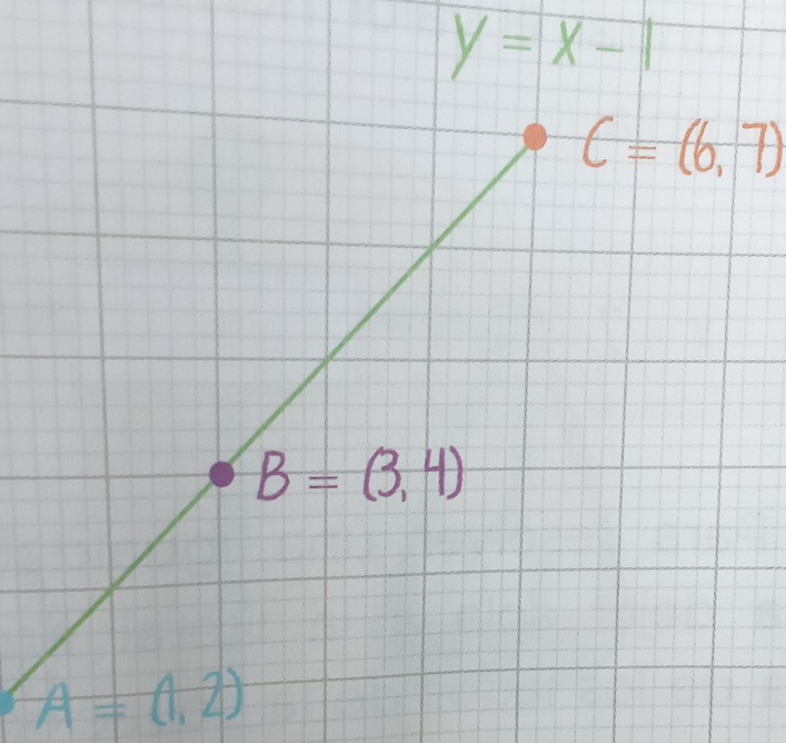 y=x-1
C=(6,7)
A=(1,2)