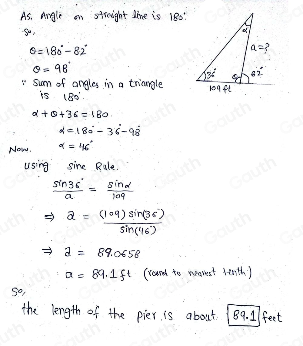 Solved: A pier forms an 82° angle with a straight shore. At a distance ...