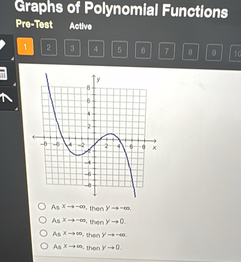 Graphs of Polynomial Functions
Pre-Test Active
1 2 3 4 5 6 7 8 9 10
As Xto -∈fty then yto -∈fty.
As Xto -∈fty then yto 0.
As Xto ∈fty then yto -∈fty.
As Xto ∈fty then yto 0.