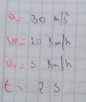 a=30m/s^2
upsilon _P=20km/h
v_0=5km/h
t=? s