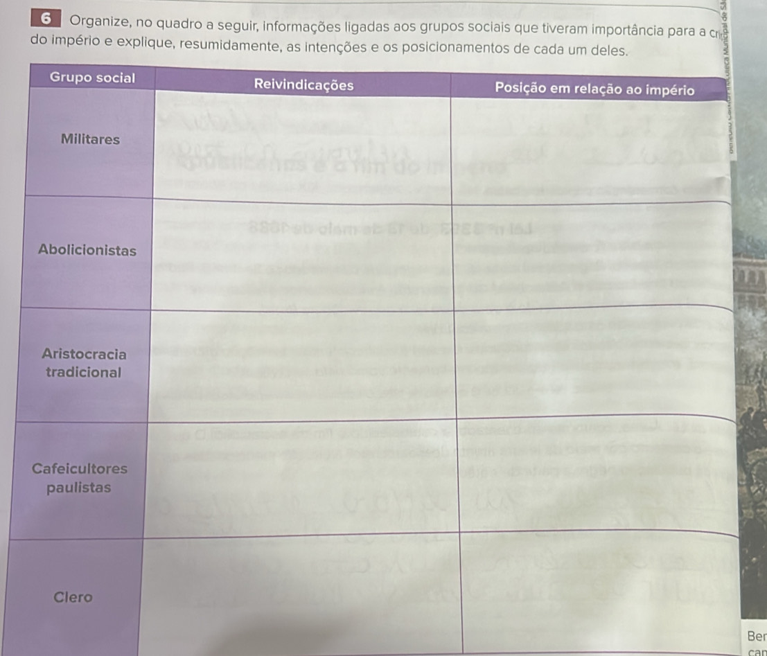 Organize, no quadro a seguir, informações ligadas aos grupos sociais que tiveram importância para a c 
do império e explique, resumidamen 
Ber 
can