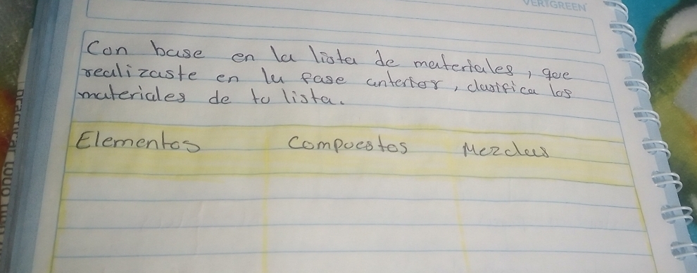 Con base en la liota de metertales, goe 
sealizaste en lu pase unterter, clusifica los 
materiales de to lista. 
Elementos Compucstos Mezclees