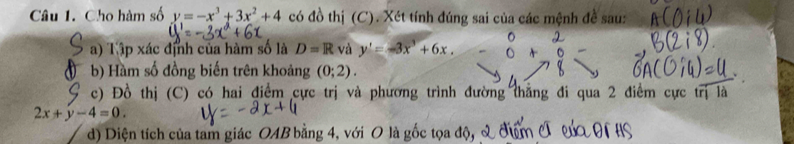 Cho hàm số y=-x^3+3x^2+4 có đồ thị (C). Xét tính đúng sai của các mệnh đề sau: 
) Tập xác định của hàm số là D=R và y'=-3x^3+6x. 
b) Hàm số đồng biến trên khoảng (0;2). 
G c) Đồ thị (C) có hai điểm cực trị và phương trình đường thắng đi qua 2 điểm cực trị là
2x+y-4=0. 
d) Diện tích của tam giác OAB bằng 4, với O là gốc tọa độ,