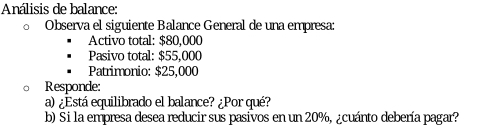 Análisis de balance: 
Observa el siguiente Balance General de una empresa: 
Activo total: $80,000
Pasivo total: $55,000
Patrimonio: $25,000
Responde: 
a) ¿Está equilibrado el balance? ¿Por qué? 
b) Si la empresa desea reducir sus pasivos en un 20%, ¿cuánto debería pagar?