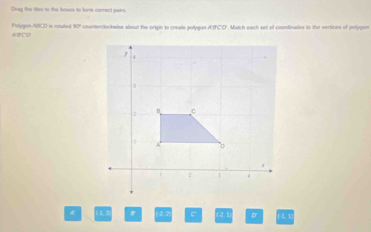 Drag the tiles to the boxes to form correct pairs
Polygon ABCD is rotated 90° counterclockwise about the origin to create polygon A'B'C'D'. Match each set of coordinates to the vertices of polygon
ABCD'.
A (-1,3) B ' (-2.. 2) C (-2, 1) (-1. 1)