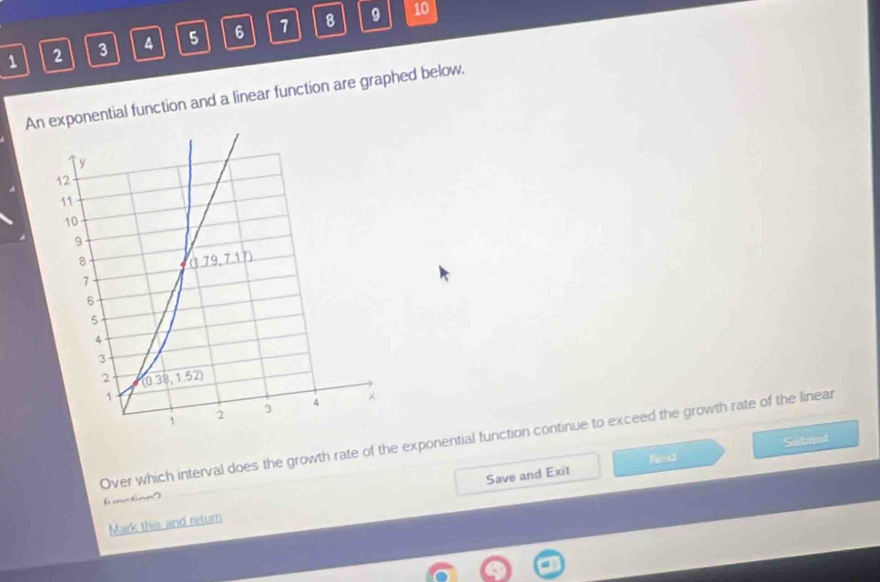 1 2 3 5 6 7 8
9 10
An exponential function and a linear function are graphed below.
Over which interval does the growth rate of the exponential function continue to exceed the growth rate of the linear
Sobmt
2x
function"
Mark this and return Save and Exit