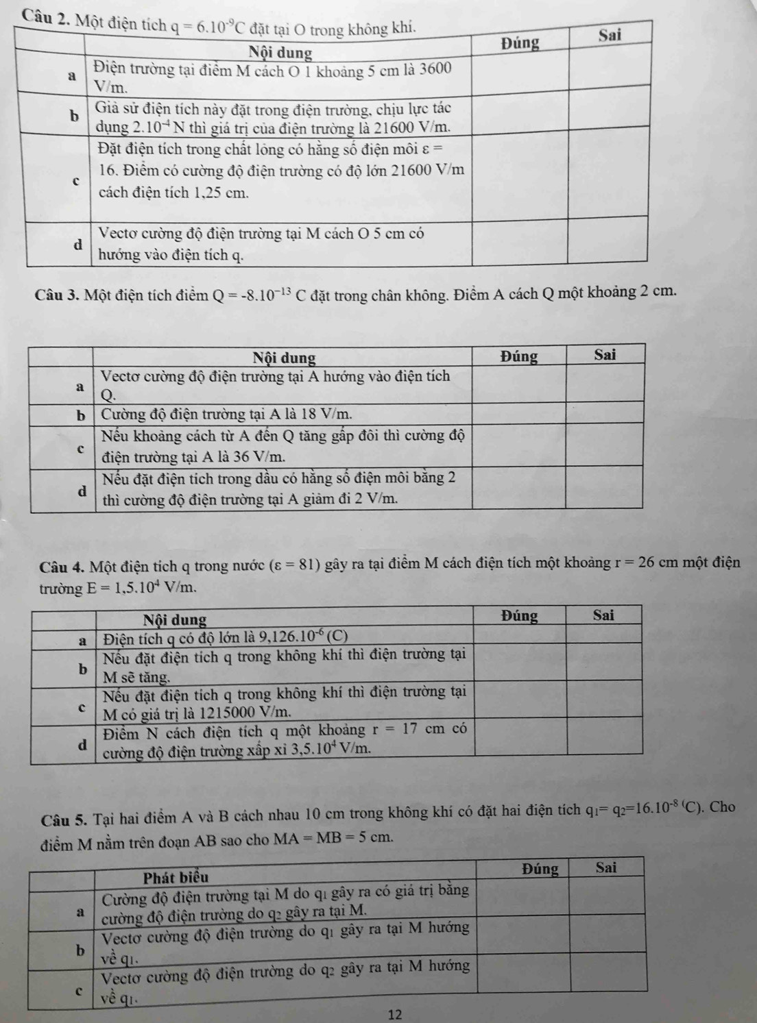 Một điện tích điểm Q=-8.10^(-13)C đặt trong chân không. Điểm A cách Q một khoảng 2 cm.
Câu 4. Một điện tích q trong nước (varepsilon =81) gây ra tại điểm M cách điện tích một khoảng r=26cm một điện
trường E=1,5.10^4V/m.
Câu 5. Tại hai điểm A và B cách nhau 10 cm trong không khí có đặt hai điện tích q_1=q_2=16.10^(-8)(C). Cho
điểm M nằm trên đoạn AB sao cho MA=MB=5cm.
12