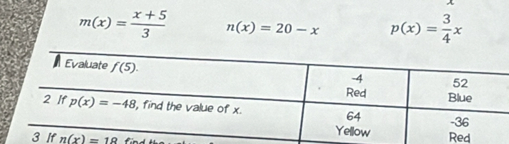 m(x)= (x+5)/3  n(x)=20-x p(x)= 3/4 x