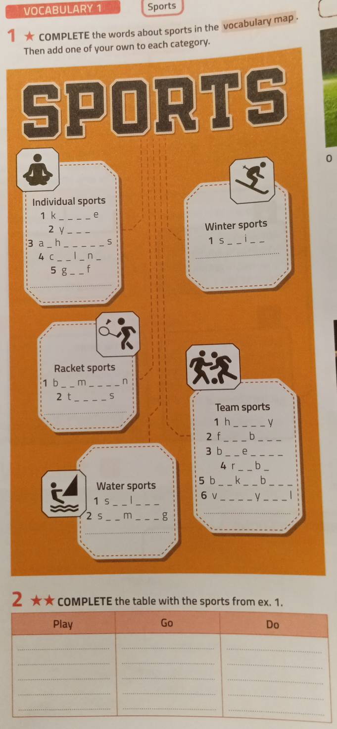 VOCABULARY 1 Sports 
1 ★ COMPLETE the words about sports in the vocabulary map . 
T 
0 
3 
2 ★★ coMPLETE the table with the sports from ex. 1.